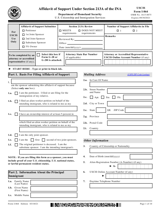 USCIS Form I-864 Download Fillable PDF or Fill Online Affidavit of Support Under Section 213a of the Ina | Templateroller