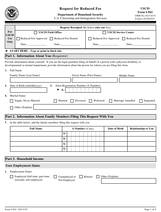 USCIS Form I-942 Download Fillable PDF or Fill Online Request for Reduced Fee | Templateroller